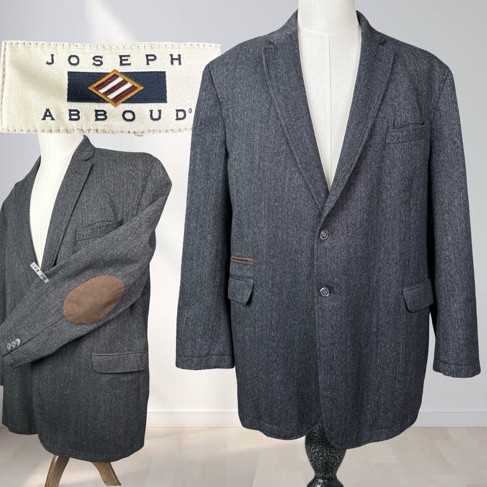 Joseph Abboud Blazer Men 2X Black Herringbone Wool Blend Classic Fit Elbow Patch